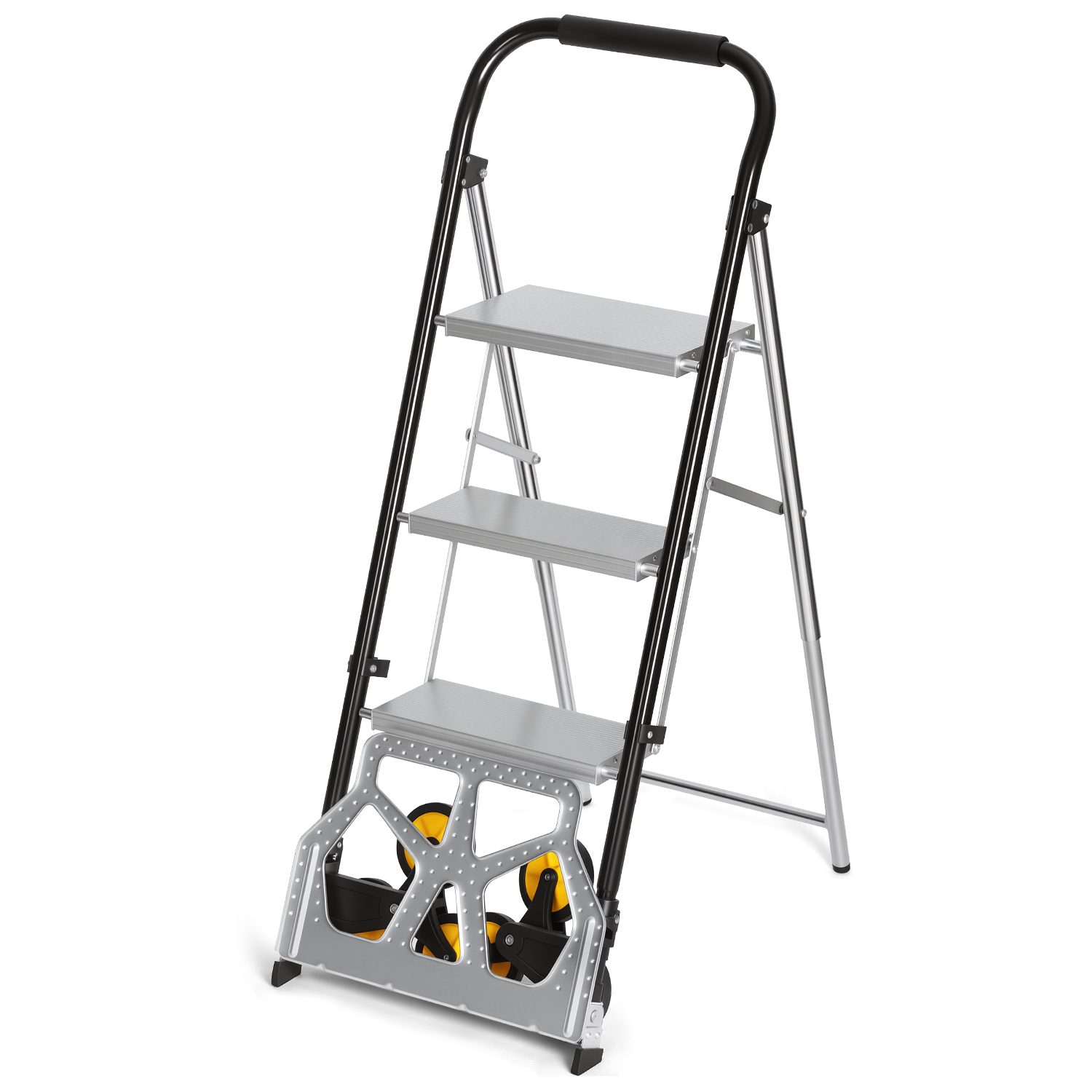Randaco Treppensackkarre 2 In 1 Mit 3-stufiger Klappleiter, Faltbare Sackkarre Mit Rollen, 80 Kg Wagenlast, 150 Kg Leiterlast