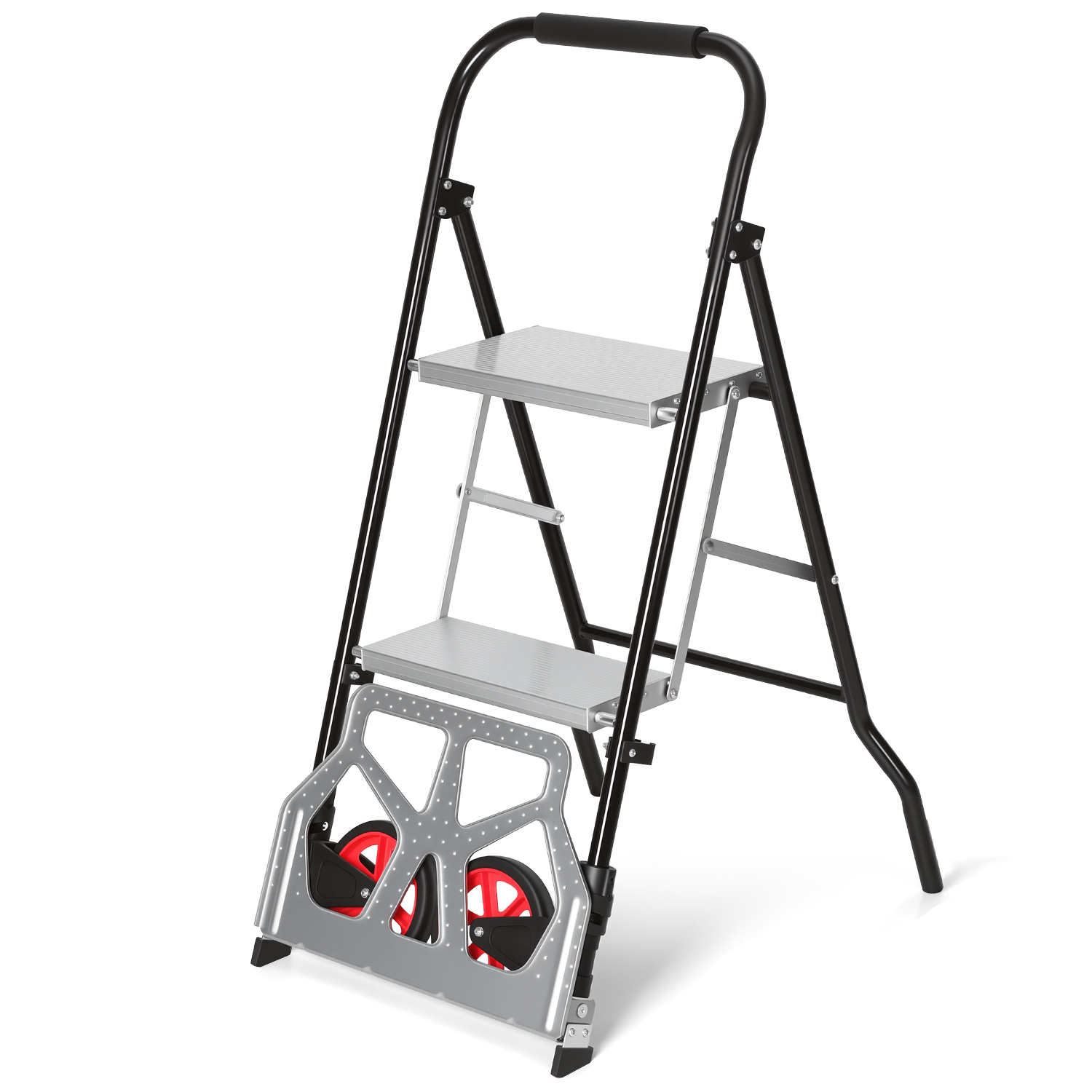 Randaco Treppensackkarre 2 In 1 Mit 2-stufiger Klappleiter, Faltbare Sackkarre Mit Rollen, 80 Kg Wagenlast, 150 Kg Leiterlast