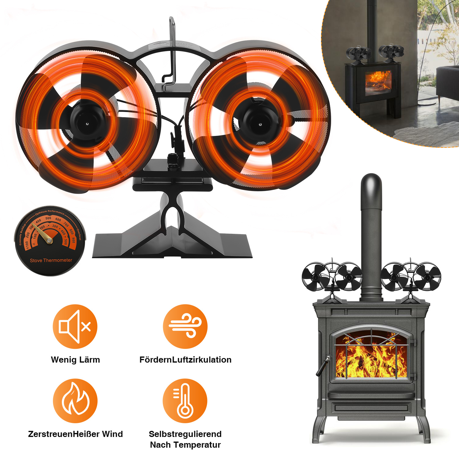 Randaco Kaminofen Ofenventilator Holzofen Stromloser Kaminrohr Ventilator Flügel Lüfter