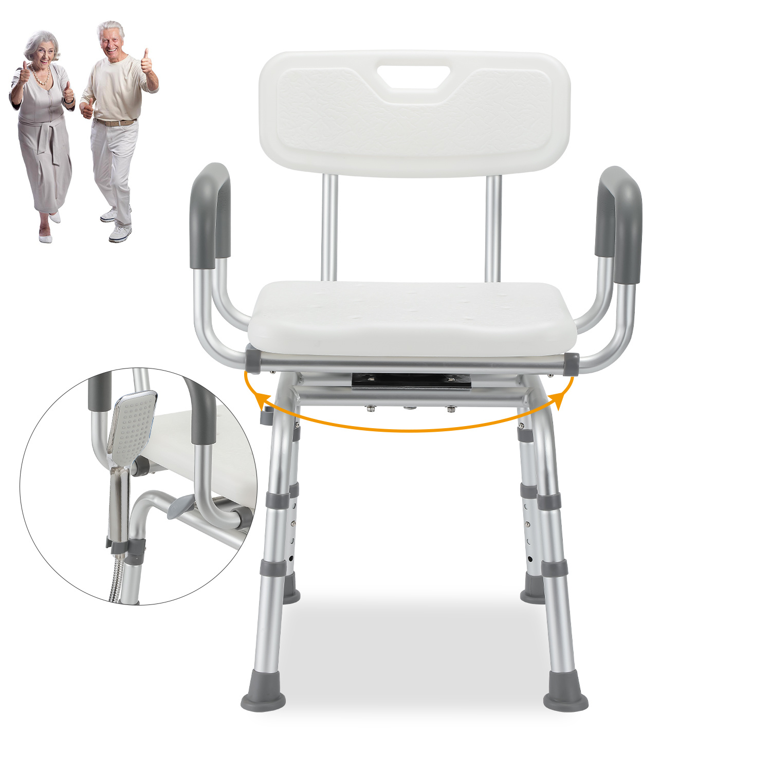 Randaco Duschstuhl 360° Drehbar, 4-fach Höhenverstellbar, Mit Rückenlehne Und Armlehnen, Aluminiumgestell, Rutschfeste Füße, Grau-weiß