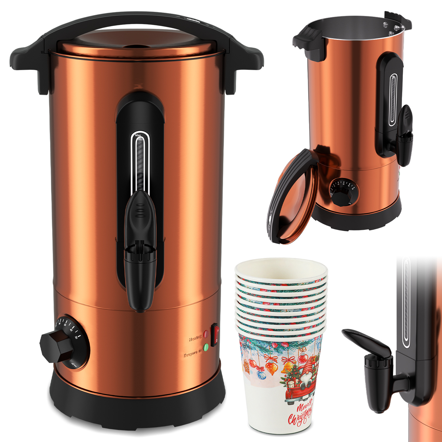 Randaco Glühweinkocher 8 L Kupferfarben, 1500 W, 30–100 °c, Zapfhahn Und 10 Pappbecher
