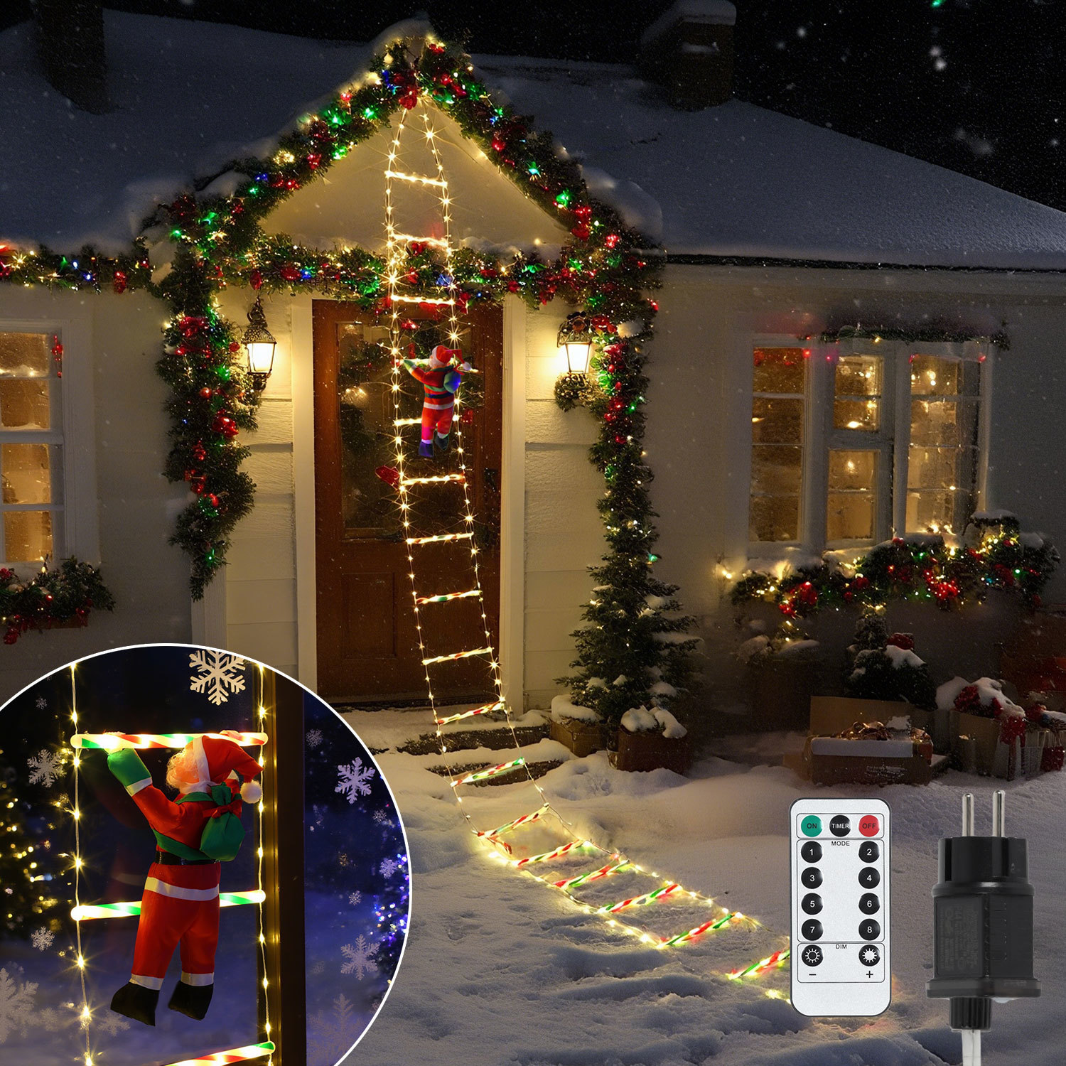 Randaco Led Weihnachtsmann Leiter 3 M, 338 Leds, 8 Lichtmodi, Fernbedienung, Timer, Warmweiß