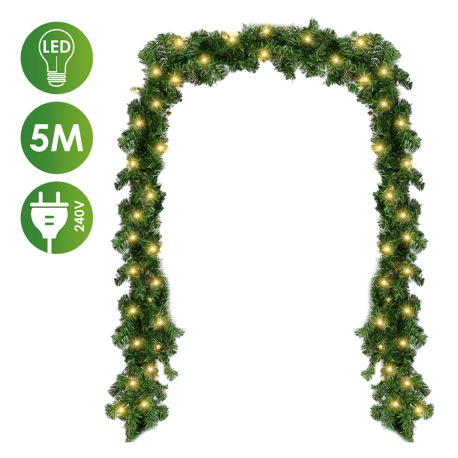Randaco Led Weihnachtsgirlande 5 M, 100 Led Warmweiß, 8 Modi, 320 Spitzen, Tannengirlande Ohne Deko