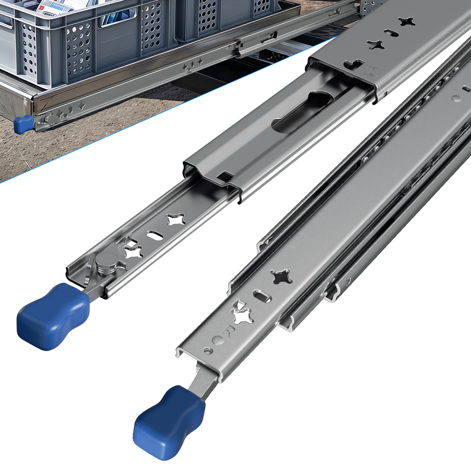 Randaco Schwerlast-schubladenschienen 1100 Mm, 81 Kg, Vollauszug, Verriegelbar, 2 Stück