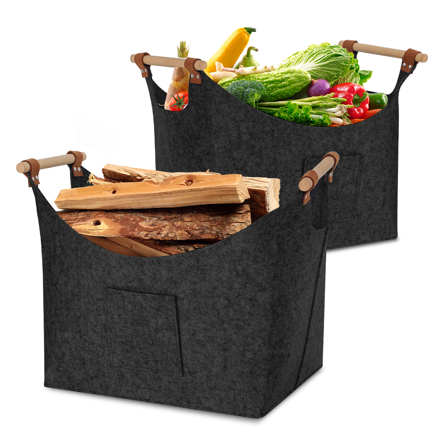 Randaco 2er-set Filzkorb Mit Holzgriffen Für Kaminholz, Faltbar, Ca. 57 L, 45 X 40 X 32 Cm, 3 Mm, Dunkelgrau