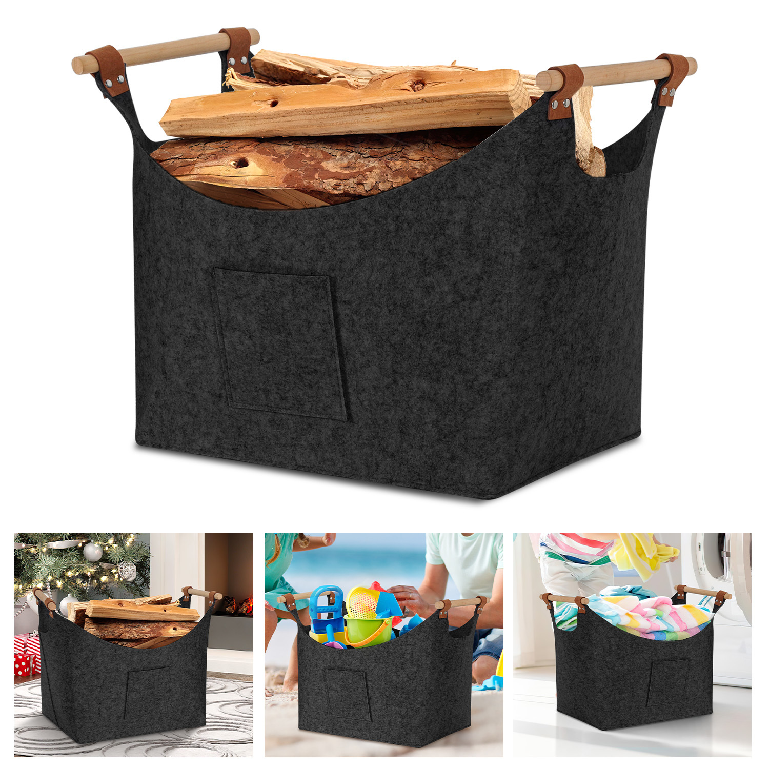Randaco Filzkorb Mit Holzgriffen Für Kaminholz, Faltbar, Ca. 57 L, 45 X 40 X 32 Cm, 3 Mm, Dunkelgrau
