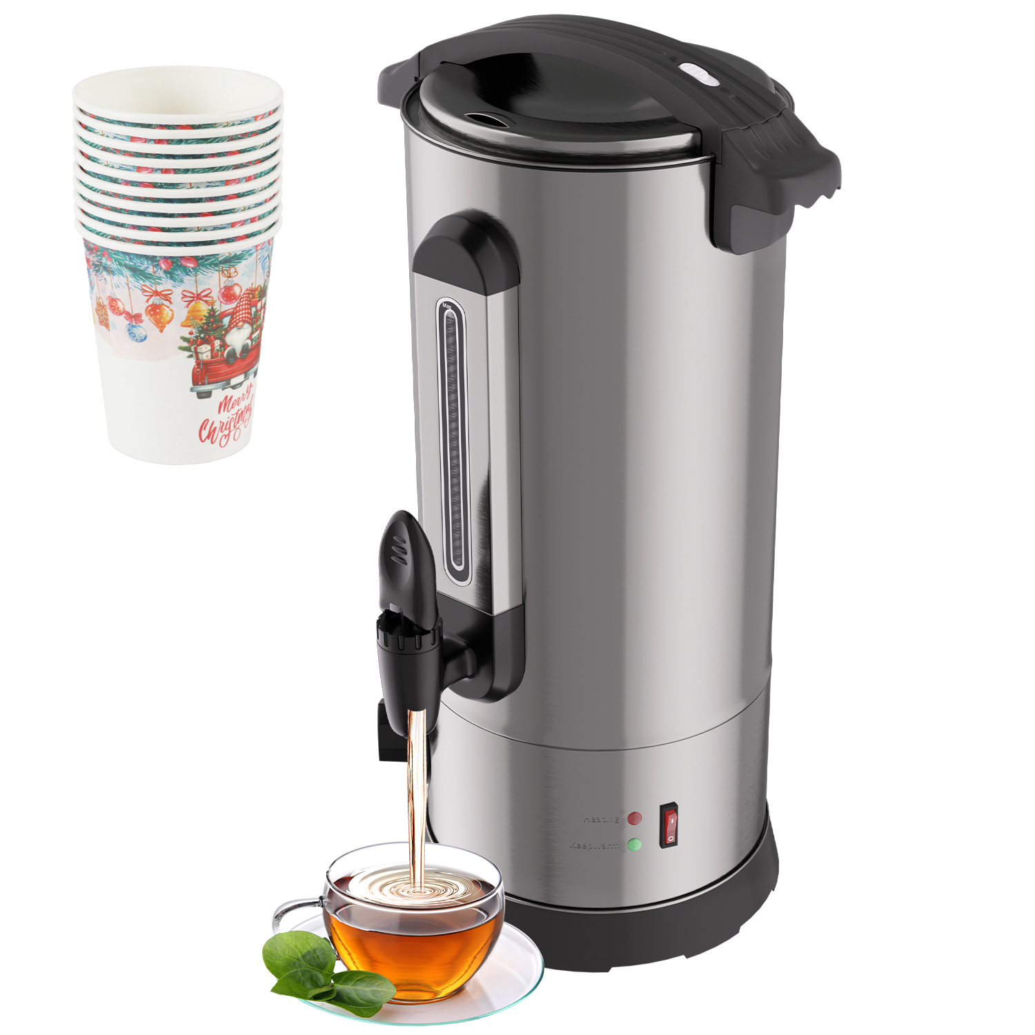 Randaco Glühweinkocher 10 L Edelstahl Silber, 1500 W, 30–110 °c, Zapfhahn Und 10 Pappbecher