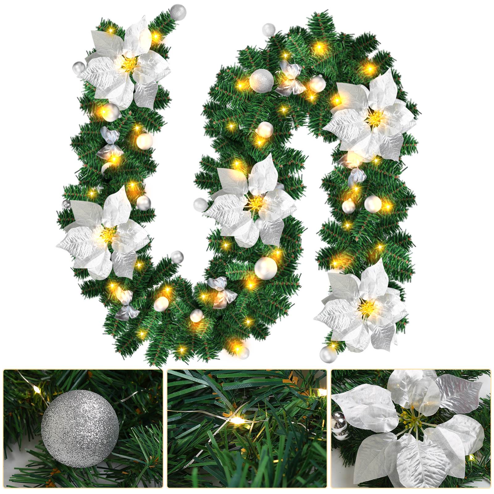 Randaco Led Weihnachtsgirlande 2,7 M, 50 Led Warmweiß, Batteriebox, Silberne Weihnachtsdeko