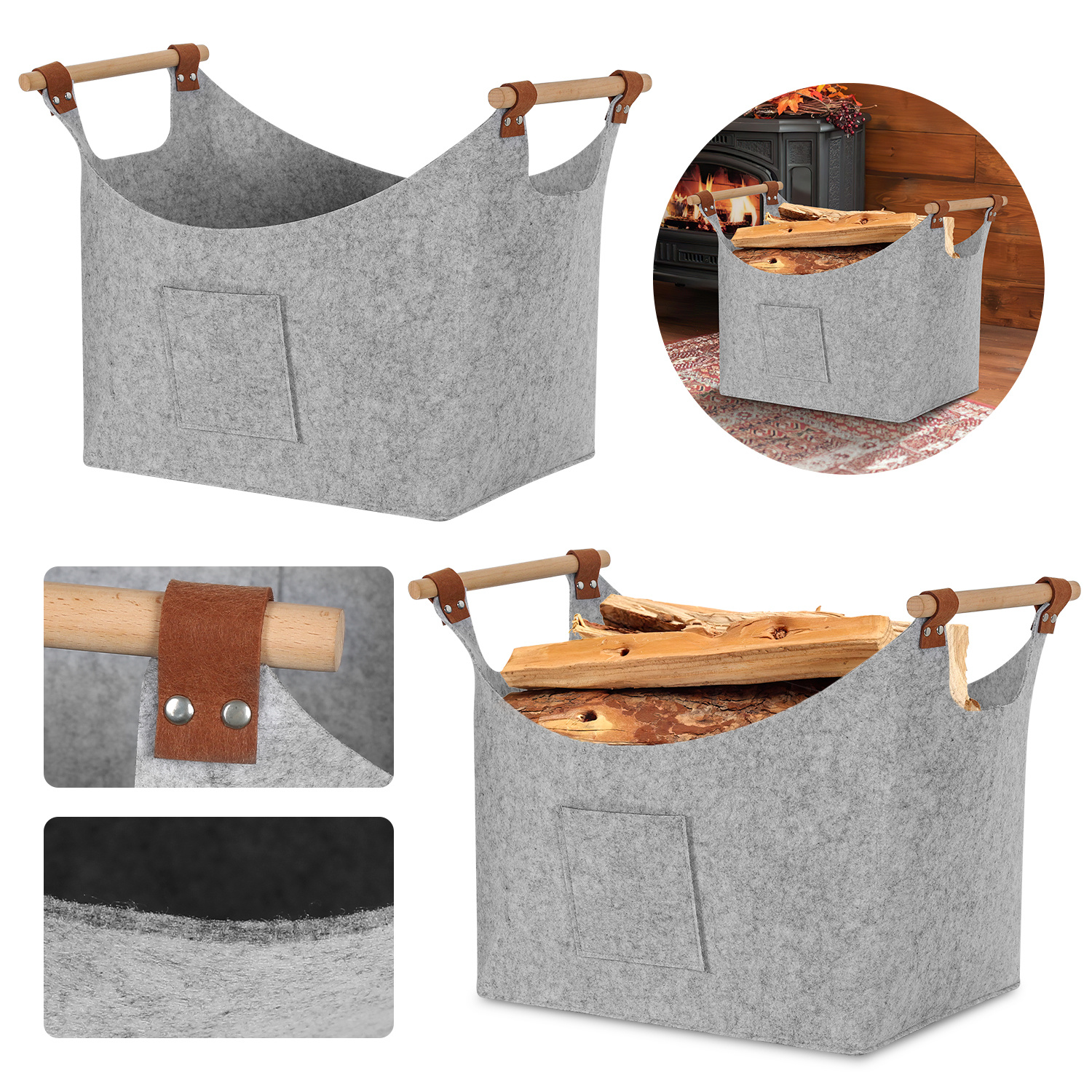 Randaco 2er-set Filzkorb Mit Holzgriffen Für Kaminholz, Faltbar, Ca. 57 L, 45 X 40 X 32 Cm, 5 Mm, Hellgrau