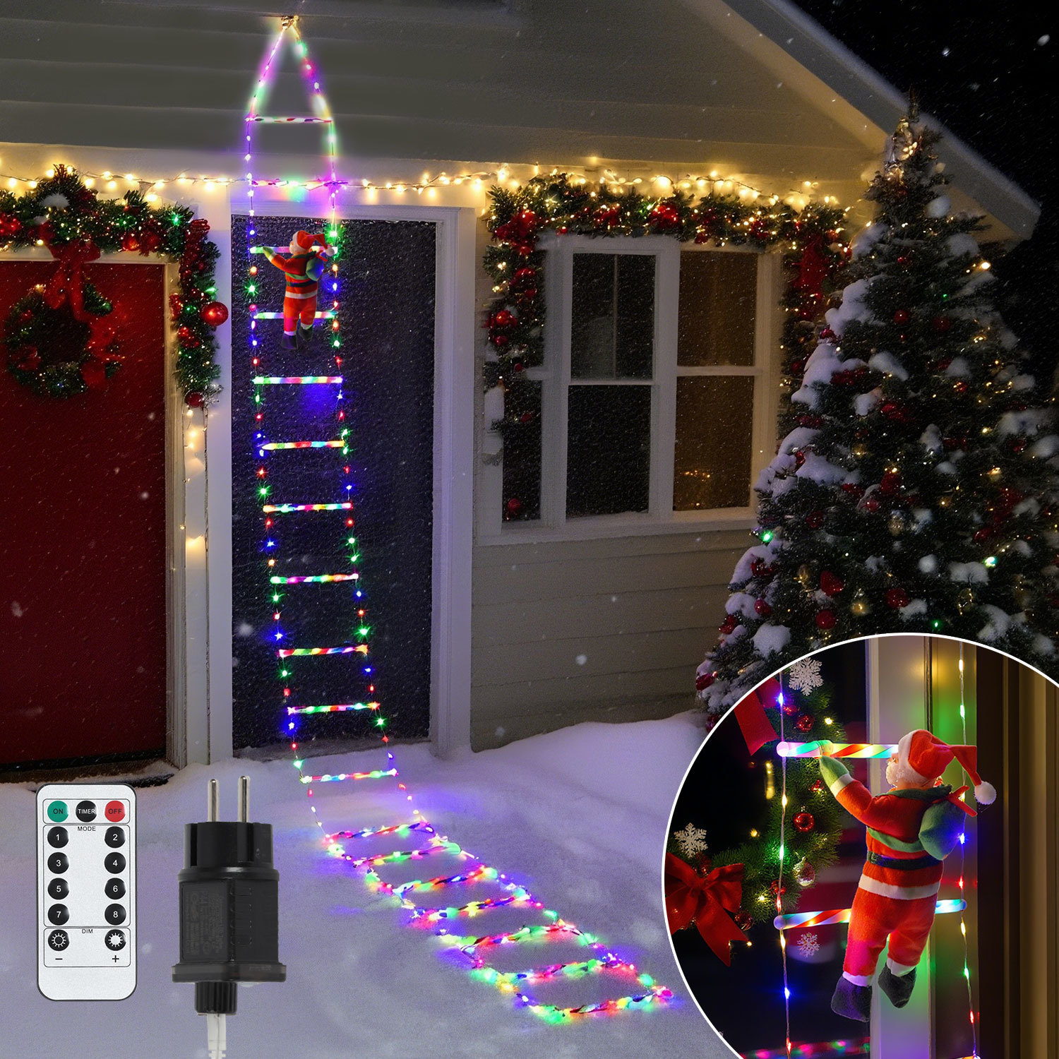 Randaco Led Weihnachtsmann Leiter 3 M, 338 Leds, 8 Lichtmodi, Fernbedienung, Timer, Mehrfarbig