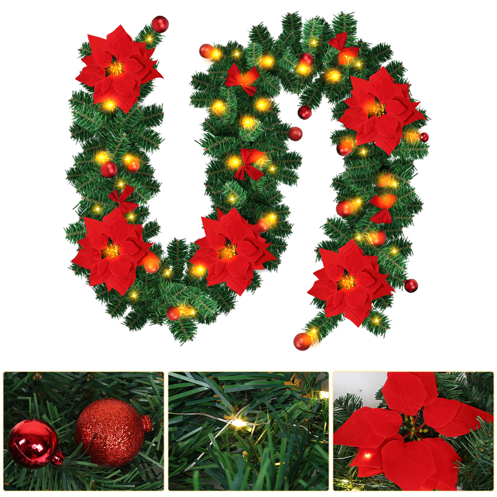 Randaco Led Weihnachtsgirlande 2,7 M, 50 Led Warmweiß, Batteriebox, Rote Weihnachtsdeko