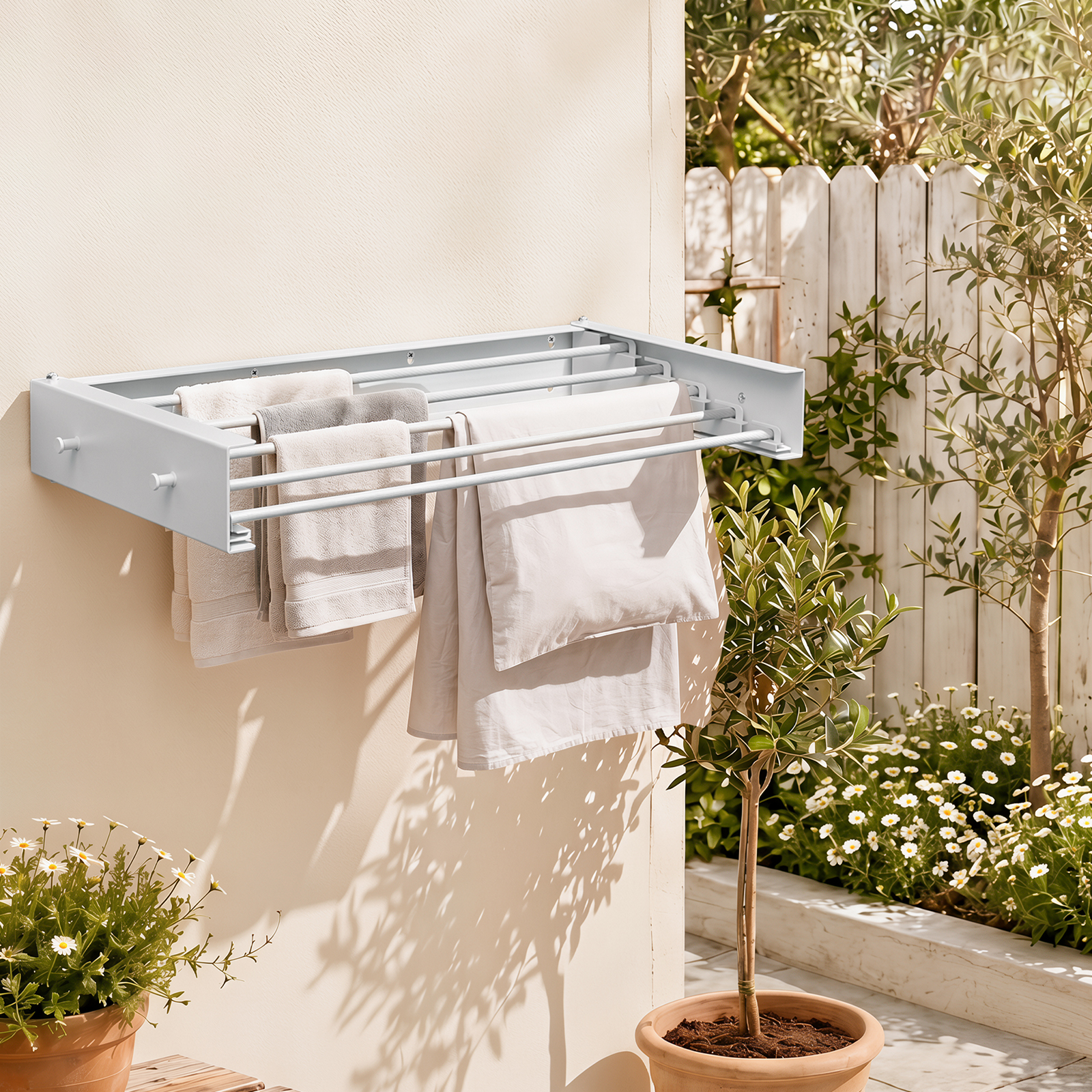 Randaco Wandtrockner Klappbar 80 Cm, Wand-wäscheständer Für Balkon, Terrasse & Innenbereich, Rostbeständige Beschichtung Wetterfester Wandtrockner, 5 Stangen, 25 Kg Tragkraft, Weiß