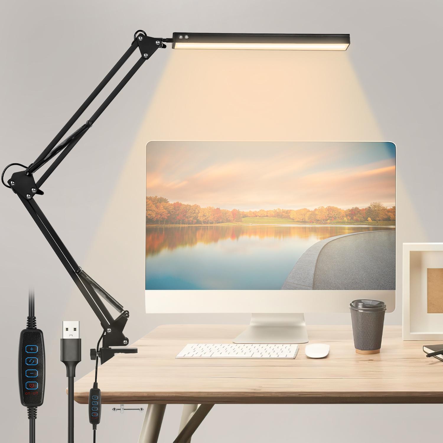 Randaco Led-architektenlampe 10 W Mit Klemme, Dimmbar, 80 Leds, 3 Lichtmodi, 10 Helligkeitsstufen, 360° Drehbarer Kopf, Usb, Schwarz