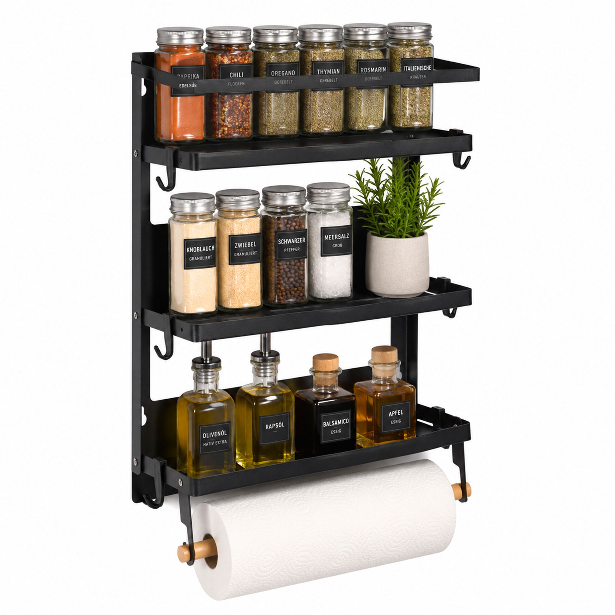 Relaxdays Gewürzregal, 3 Gewürzablagen, Magnetischer Küchenorganizer, Küchenrollenhalter, 10 Haken, Metall, Schwarz