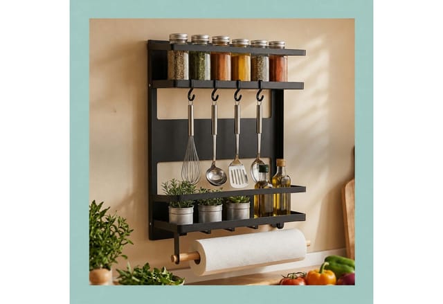 Relaxdays Gewürzregal, 3 Gewürzablagen, Magnetischer Küchenorganizer, Küchenrollenhalter, 10 Haken, Metall, Schwarz