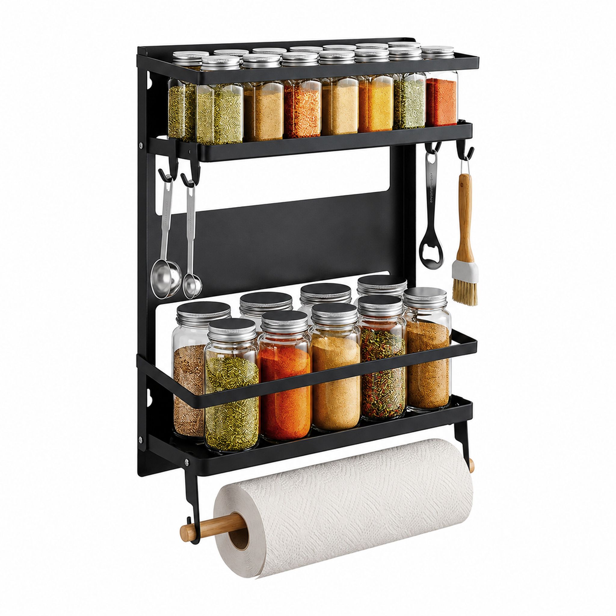 Relaxdays Gewürzregal, 2 Gewürzablagen, Magnetischer Küchenorganizer, Küchenrollenhalter, 10 Haken, Metall, Schwarz