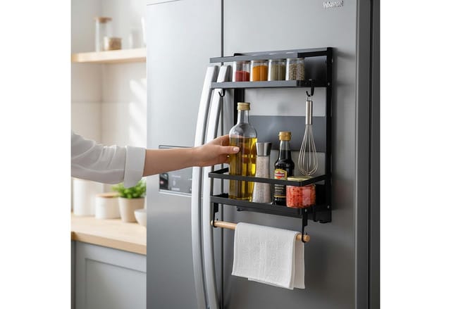 Relaxdays Gewürzregal, 2 Gewürzablagen, Magnetischer Küchenorganizer, Küchenrollenhalter, 10 Haken, Metall, Schwarz