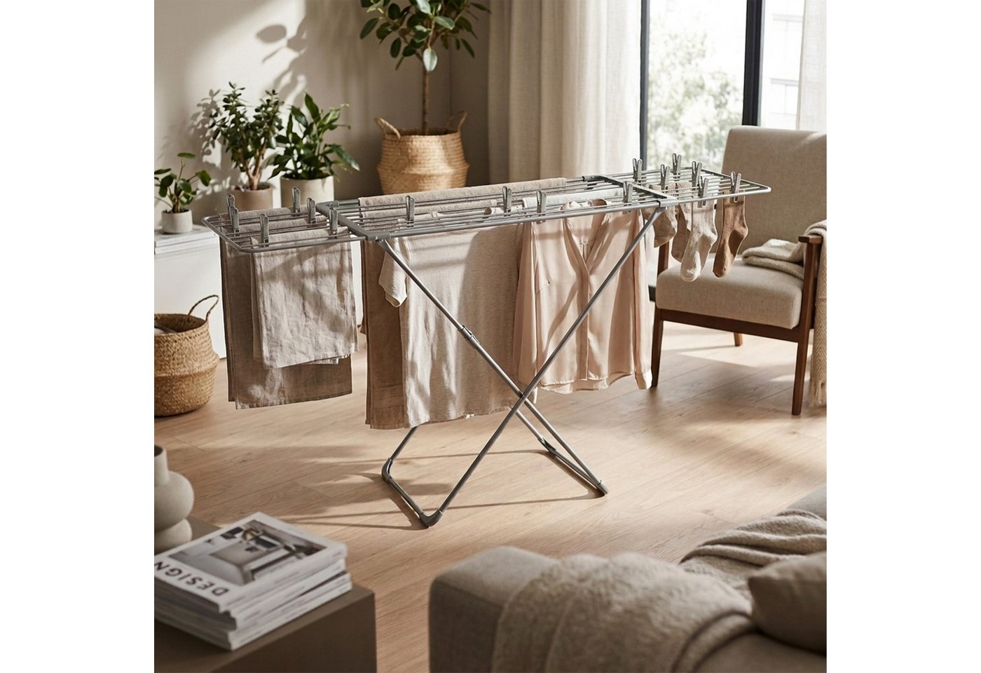 Relaxdays Wäscheständer Ausziehbar, Klappbar, Metall, 18 M Trockenlänge, Standtrockner Hbt: 96 X 108-177 X 55 Cm, Grau