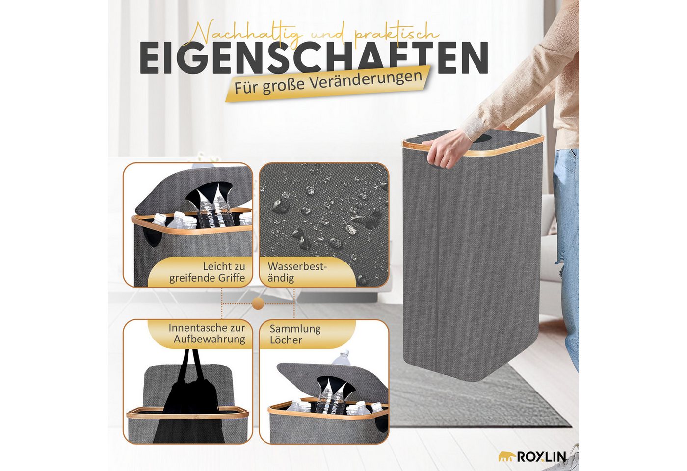 Roxlin Pfandflaschen-sammelbehälter Mit Deckel – Großer Pfandflaschen- & Altglas-aufbewahrungsbehälter, Flaschensammler Mit Einwurföffnung Für Die Küche, Schwarz & Grau Bild 2