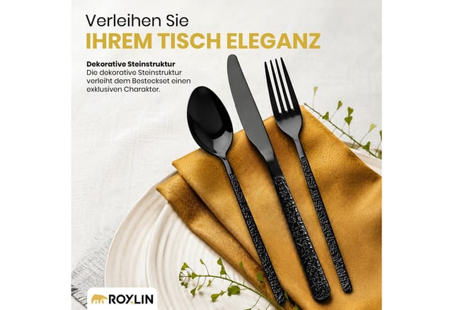 Roxlin Besteckset 30 Teilig Edelstahl Gold Schwarz Rosa Silber Für 6 Personen – Spülmaschinenfest, Rostfrei & Kratzfest – Modernes Tafelbesteck Set - Stein - Schwarz