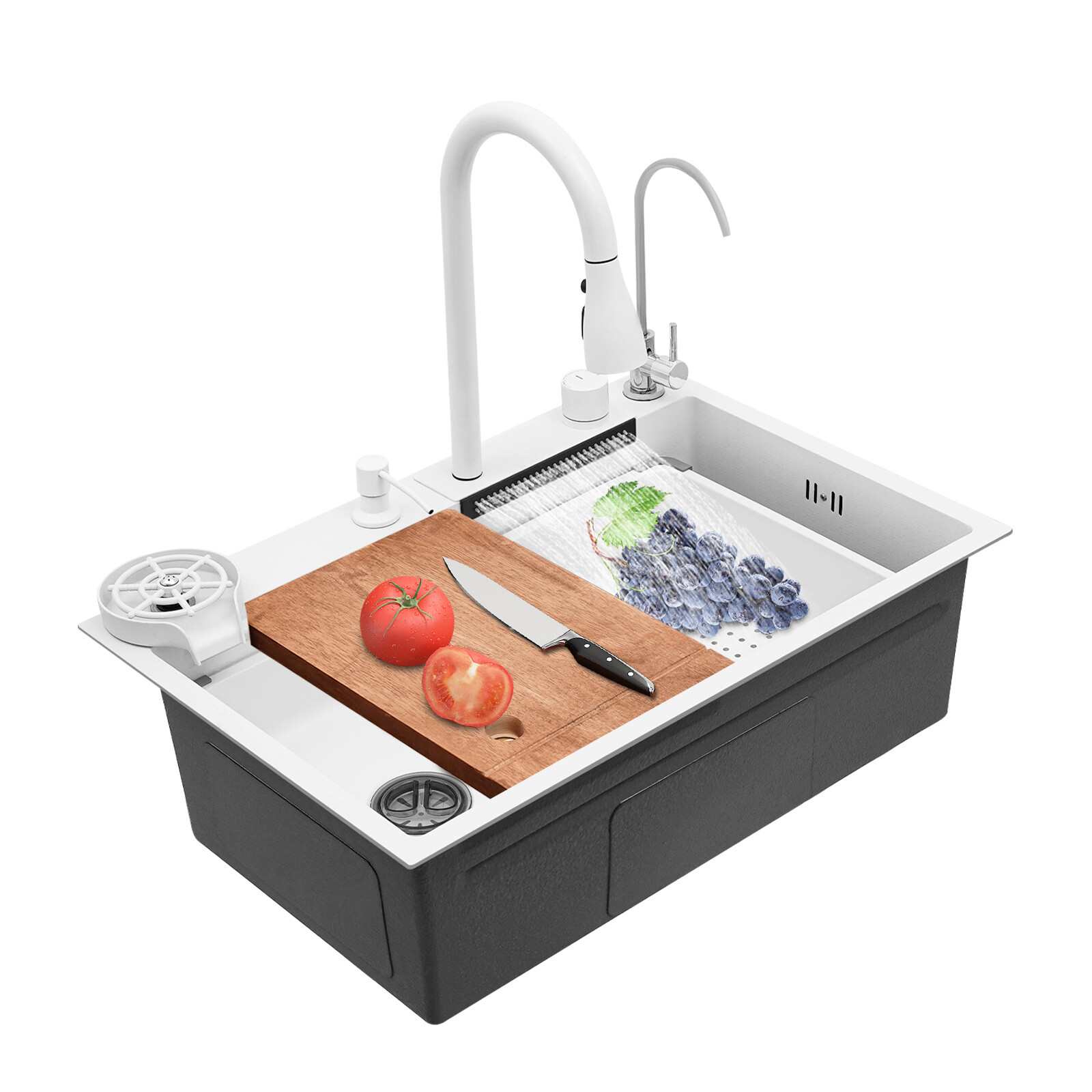 Weiße Einbau-küchenspüle Mit Einem Becken (68 X 46 Cm) Und Multifunktionaler Spüle Für Die Bartheke, Arbeitsspüle Mit Ausziehbarem Auslauf Und Zubehörset