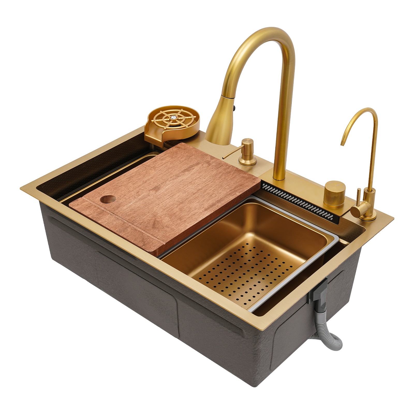 Multifunktionale Küchenspüle Mit Einem Goldenen Kaskadenbecken, 68 X 46 Cm, Bar-arbeitsplatten-spüle, Arbeitsspüle Mit Ausziehbarem Auslauf Und Komplettem Zubehörset