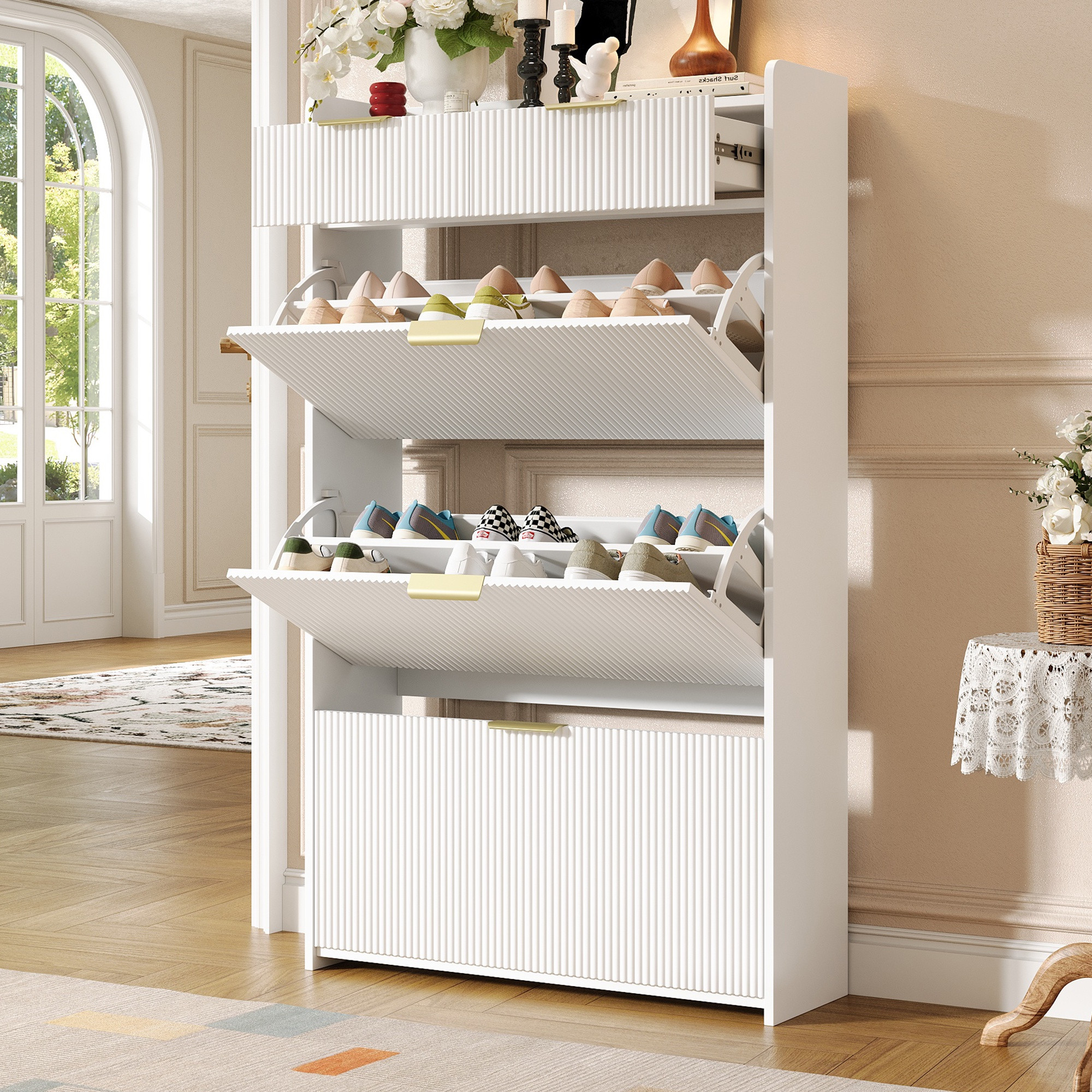 Schhschrank Schmal - 80 X 25 X 135 Cm - Für Flur Und Eingangsbereich Mit 3 Klappfächern Und 2 Schubladen Moderner Schuhkipper Aus Holz - Weiß