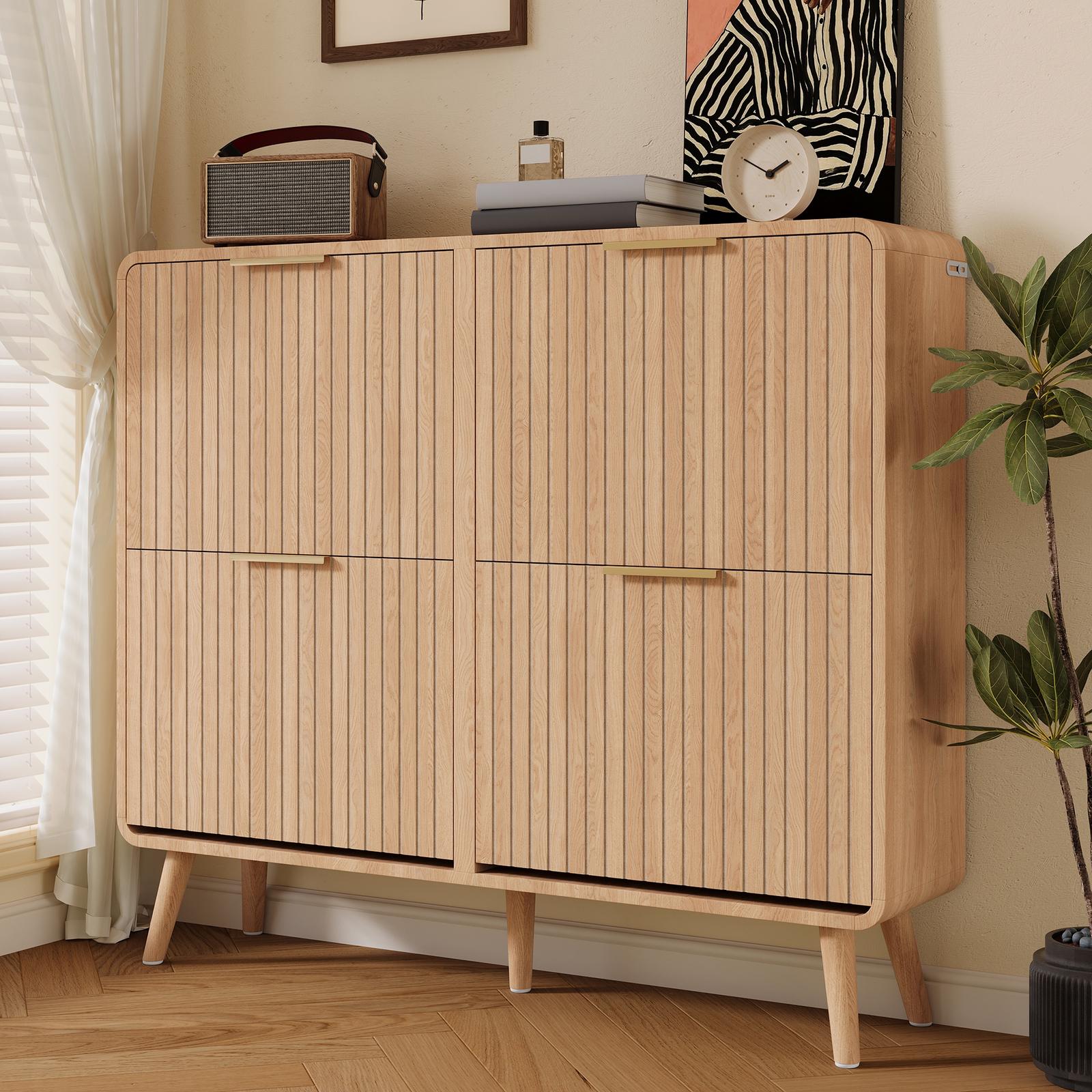 Schuhschrank - 105 X 24 X 90 Cm - Kipper Für 18-24 Paare Im Flur - Mdf Und Massivholzbeine Im Skandinavischen Stil - Helle Holzoptik