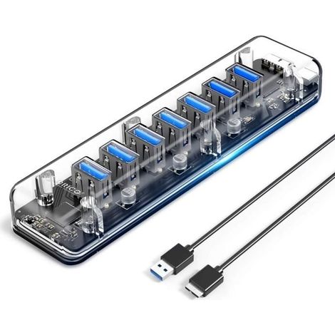 Orico Usb 3.0 Hub, 7 Transparente Usb 3.0-anschlüsse Mit Blauer Statusanzeige Und Zwei Stromanschlüssen, 1 M Usb-a-auf-b-kabel