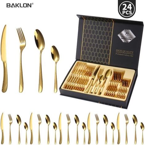 (gold) 24-teiliges Edelstahl-besteckset Für 6 Personen, Inklusive Messer, Gabeln Und Löffel, Mit Geschenkbox