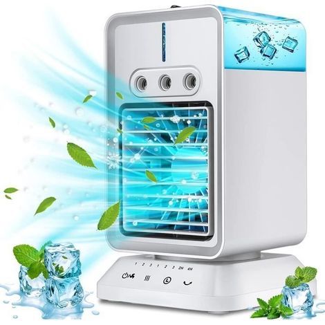 Leises, Tragbares 3-in-1-klimagerät – Ventilator, Luftbefeuchter, Luftkühler – 300-ml-wassertank, 3 Geschwindigkeitsstufen, 70°-oszillation