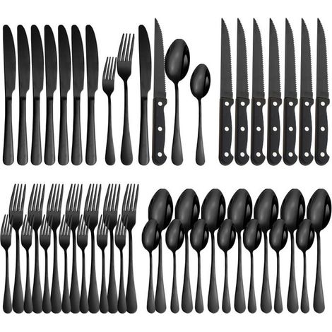 48-teiliges, Hochglanzpoliertes Edelstahl-besteckset – Service Für 8 Personen Mit Steakmessern – Schwarzes Besteckset