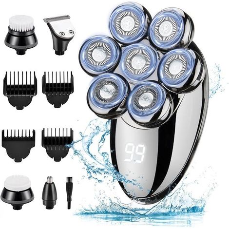 (farbe: Silber) Elektrischer Herrenrasierer, 5-in-1-rotationskopfrasierer, Ipx7 Wasserdicht, Wiederaufladbar, Nass- Und Trockenrasierer-set Für Glatzen
