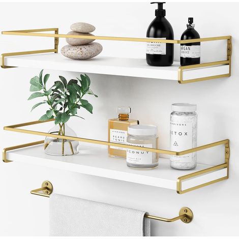 Moderner, Weiß-goldener Badezimmer-organizer Mit Ablagestange, Dekorative Wandaufbewahrung Für Kleine Räume, 2er-set