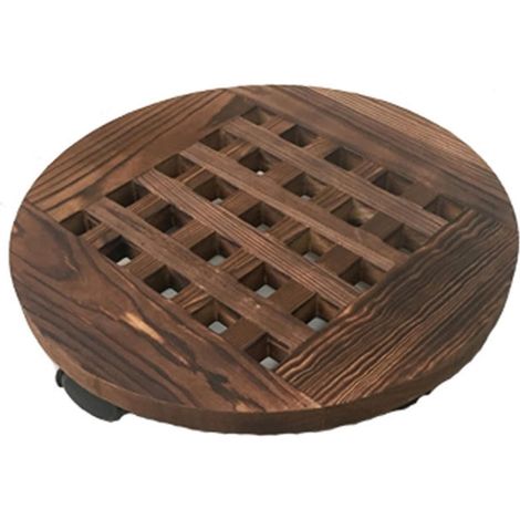 Runde, Fahrbare Blumenablage Aus Verkohltem Holz, 40 Cm Durchmesser, Mit Rollen, 2 Stück