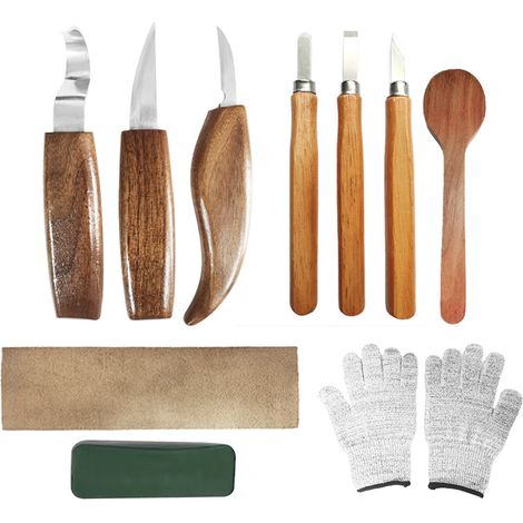 10-teiliges Holzschnitzset – 3 Messer Aus Chrom-vanadium-stahl – Griffe Aus Schwarzem Walnussholz – Inklusive Handschuhe – 10 Stück