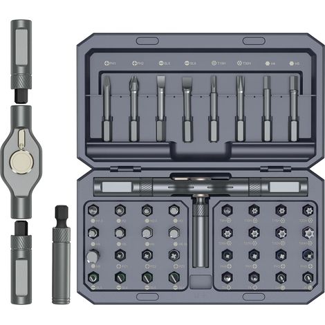 Set (16,5 X 93,5 Cm) Grauer Präzisions-magnetschraubendreher Mit 42 Bits, 40 Bits Und Abnehmbarem T-förmigem Ratschengriff