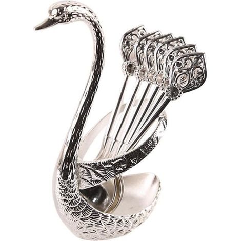 Set Aus Kaffee- Und Dessertlöffeln Aus Metall, Schwanenfußständer Für Obst- Und Dessertbesteck, Silberner Organizer