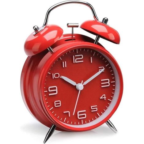 Doppelglockenwecker (rot) – Rot – Leistungsstarker Alarm – Lautlos – Led-hintergrundbeleuchtung – 10 Cm