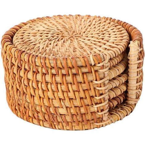 Set Mit 6 Rattan-untersetzern, Runde Untersetzer Mit Halter Für Tisch, Esszimmer, Küche