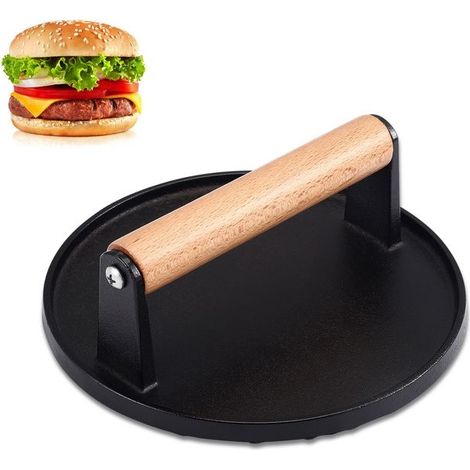 Burger Smasher Aus Gusseisen, Große Runde Burgerpresse, 1 Kg, Mit Hitzebeständigem Holzgriff, Grillpresse