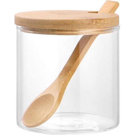 Gewürzglas Aus Glas – Transparent – Bambusdeckel – Holzlöffel – 8 X 8 Cm