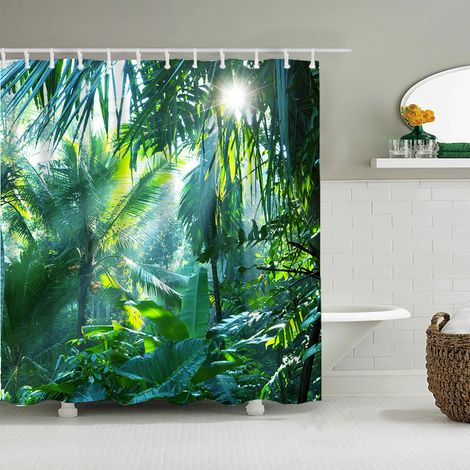 Waldgrüner Duschvorhang 180 X 200 Cm, Bananenblatt-, Dschungel- Und Palmenblattmuster, Mit 12 Haken, Wasserdicht Und Schimmelresistent, Aus Polyester