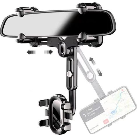 (schwarze) Kfz-handyhalterung Für Den Rückspiegel, Verstellbar, Ausziehbar, Um 360° Drehbar, Navigationshalterung Für 4-7 Zoll Smartphones