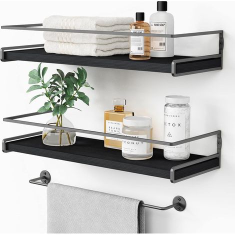 Forbena Schwarze Badezimmer-wandregale (2er-set), Küchengewürzregale, Moderne Hängeregale Aus Holz (grau-schwarz)