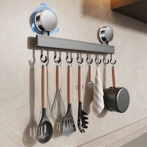 Küchenhakenleiste Mit Saugnapf, Abnehmbarem Besteckhalter, Edelstahl-besteckleiste Und 8 Haken (ohne Bohren)