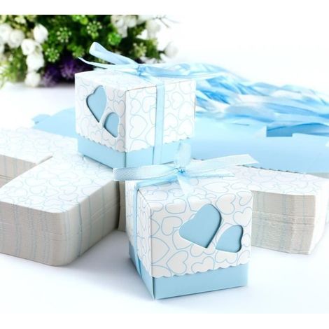 100 Geschenkboxen Mit Deckel, Herzen Und Hellblauem Band. Geeignet Als Gastgeschenke Für Hochzeiten, Taufen Und Babypartys (jungen). Material: Papier.