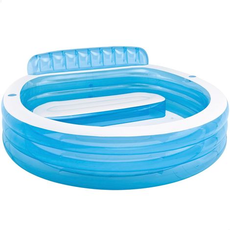 1 Aufblasbarer Blauer Familienpool, 229 X 218 X 76 Cm, Für Erwachsene Und Kinder, Rund Mit Rückenlehne, Geeignet Für Garten, Terrasse, Balkon Und Sommerpartys