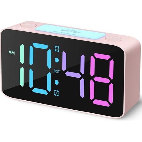 Leistungsstarker Wecker Für Erwachsene, Digitaluhr Mit 7-farbigem Nachtlicht, Dimmer, Pink + Rgb