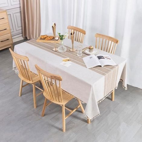 Rechteckige Tischdecke - Foclatuner - Quaste - Beige 140 X 240 Cm - Baumwolle/leinen - Waschbar, Fleckenabweisend